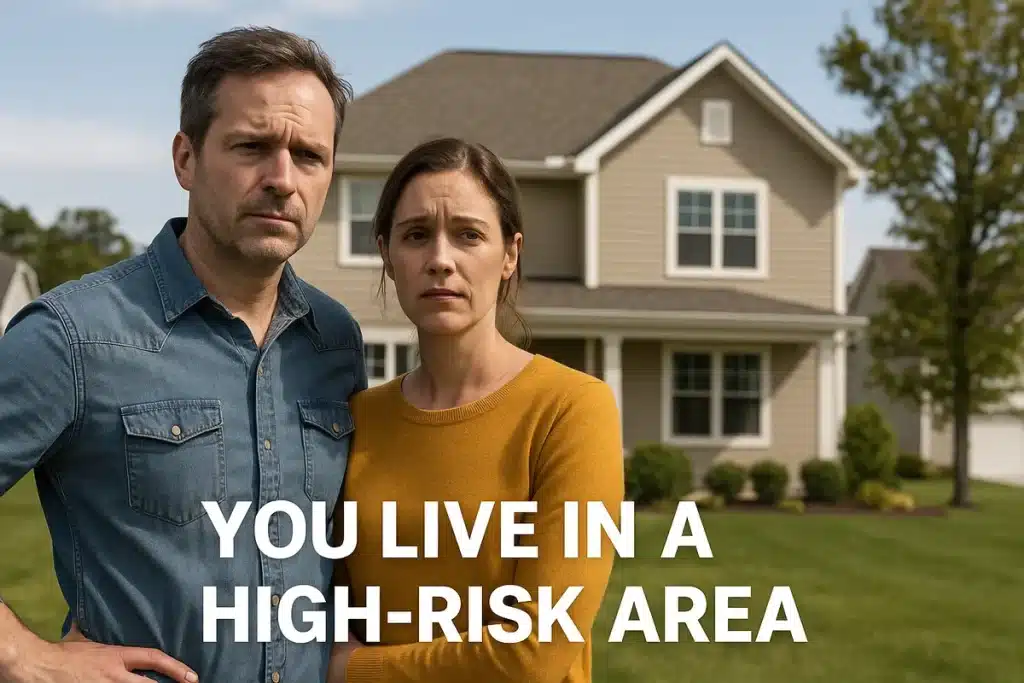 Concerned couple standing in front of their home in a high-risk area prone to wildfire or storm threats
