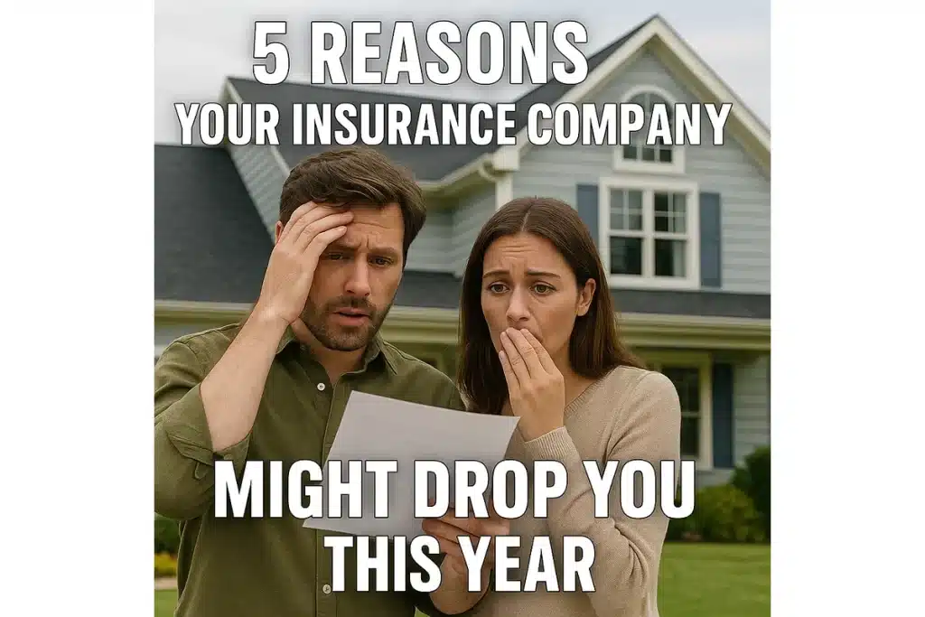 Worried couple standing in front of their home reading an insurance cancellation notice