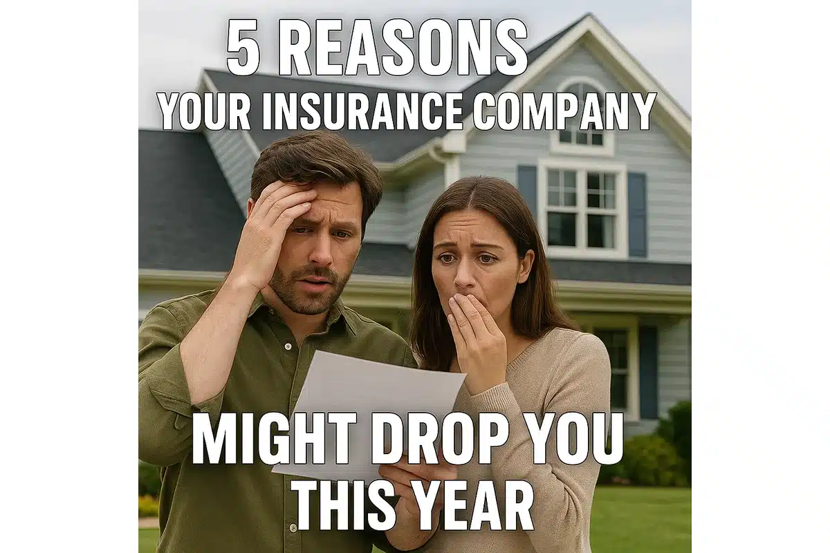 Worried couple standing in front of their home reading an insurance cancellation notice
