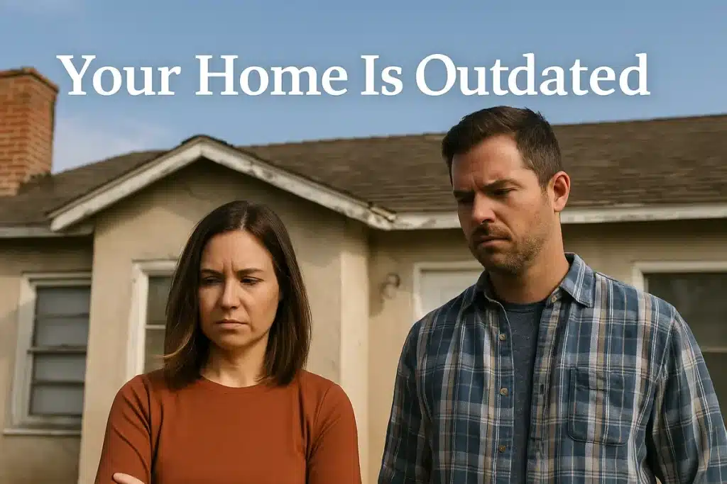 Couple standing in front of an aging home with visible wear, symbolizing insurance risk due to outdated property conditions