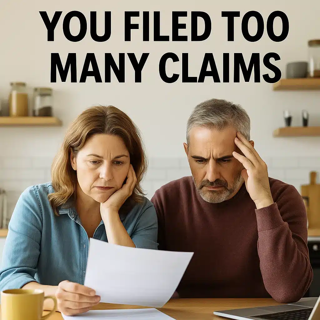 Stressed couple reviewing documents at their kitchen table after receiving a non-renewal letter due to excessive insurance claims