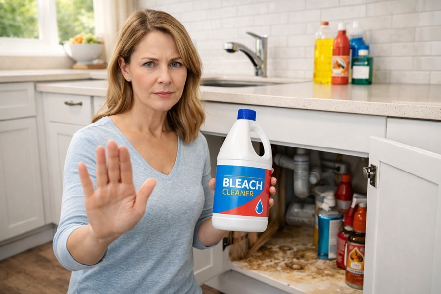 Woman warning not to store bleach and harsh chemicals under kitchen sink