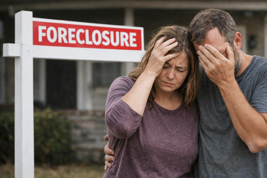 Couple stands close together, visibly distressed, beside a foreclosure sign outside their home.