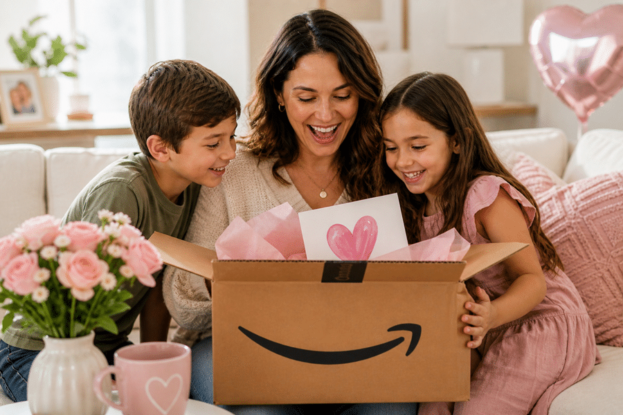 Mother and two kids smile while unboxing a gift from Amazon at home, with pink tissue paper and a heart card on the box.
