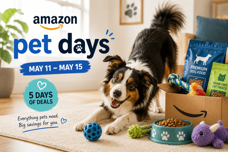 Happy dog with pet supplies and a live promo for Amazon Pet Days May 11–15 in a cozy living room