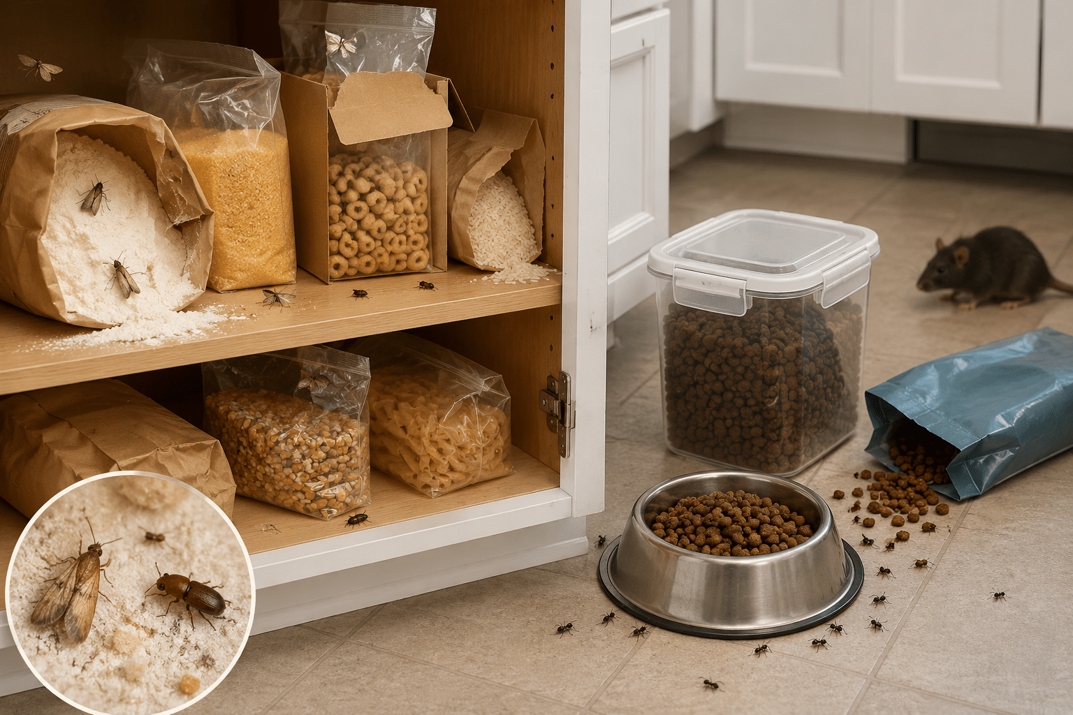 Improperly stored pantry food attracting pests such as ants and grain beetles