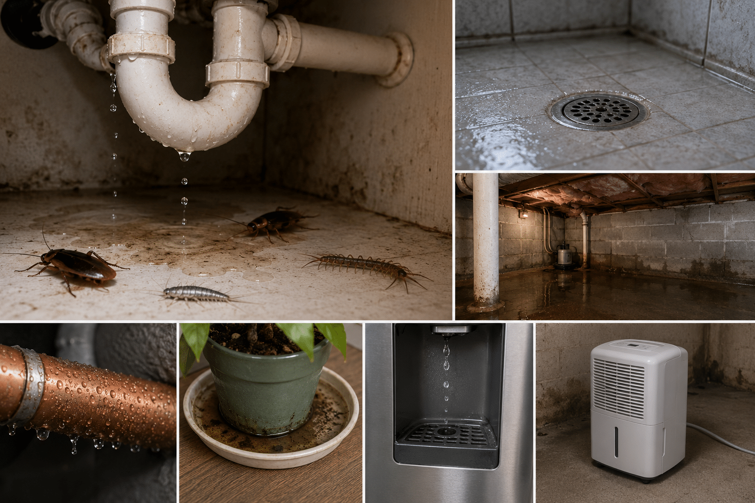Moisture and standing water under a sink attracting cockroaches and silverfish