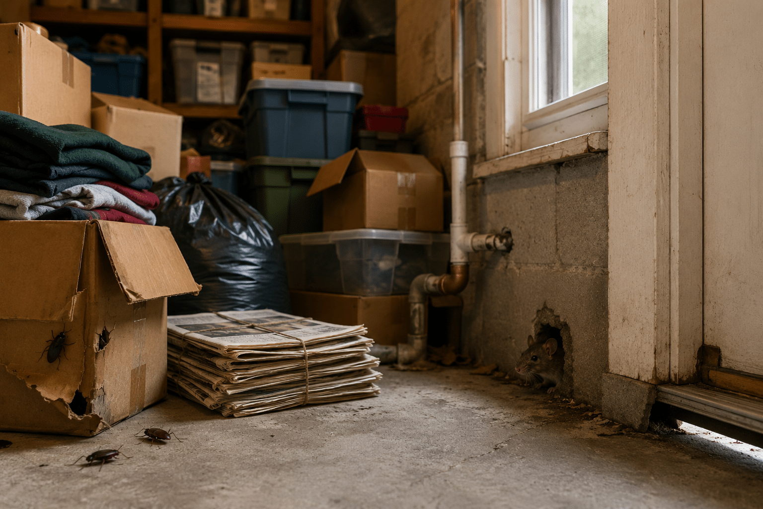 Cluttered storage area with cardboard boxes providing shelter for rodents and cockroaches
