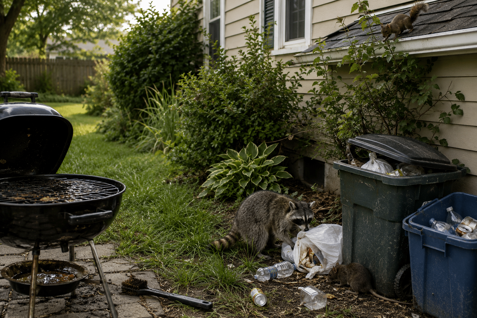 Overgrown shrubs and tall grass against house foundation attracting rodents and insects