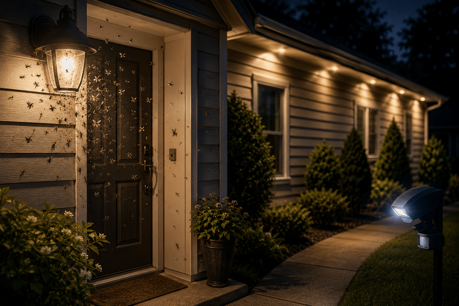 Outdoor porch light attracting moths and flying insects near a home entryway