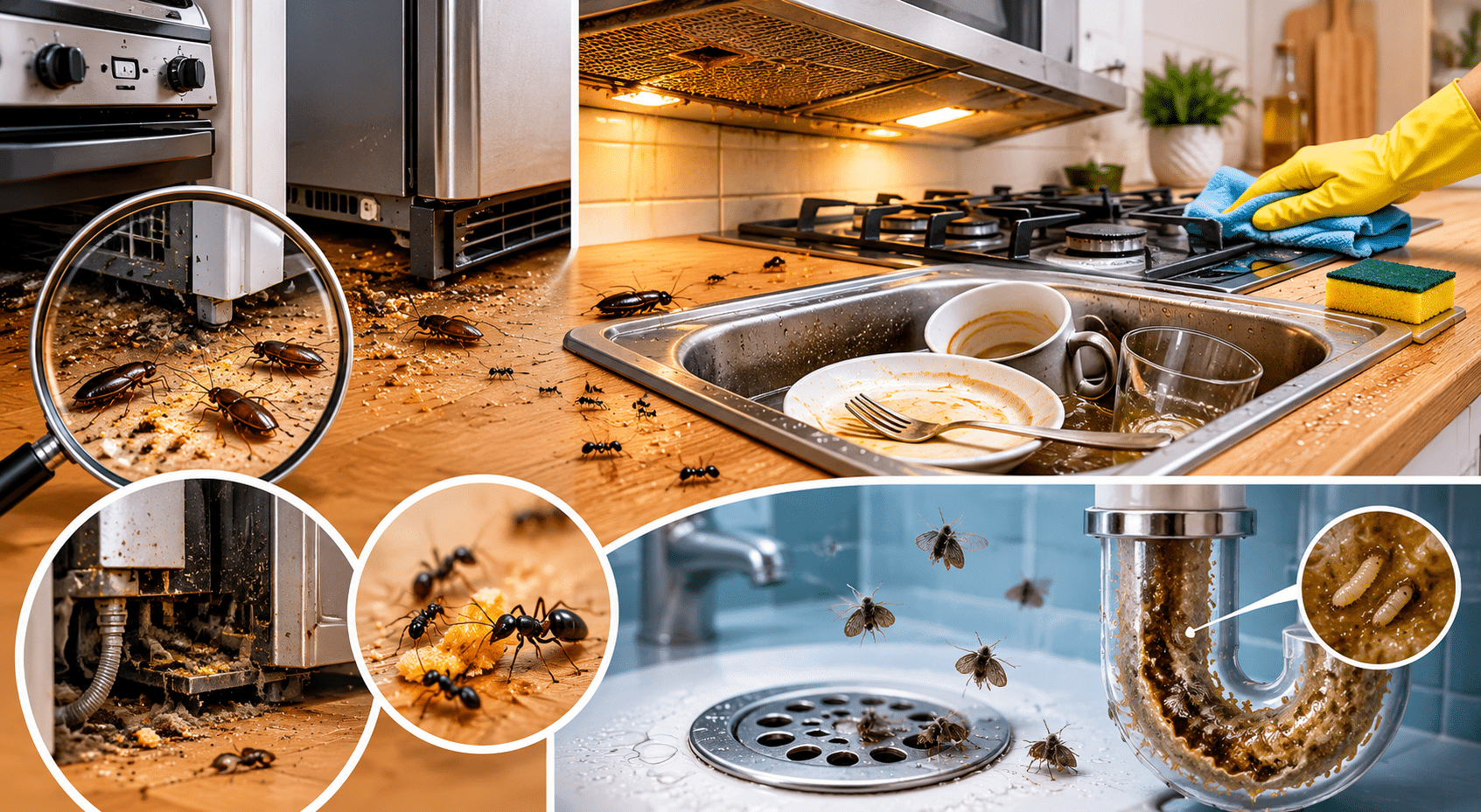 Dirty dishes left in sink overnight and crumbs on kitchen counter attracting household pests