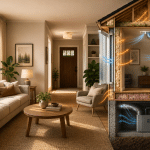 Cutaway view of a cozy living room showing a home HVAC system with orange arrows for warm air and blue arrows for cool air circulating through ducts and vents in a basement/mechanical room.