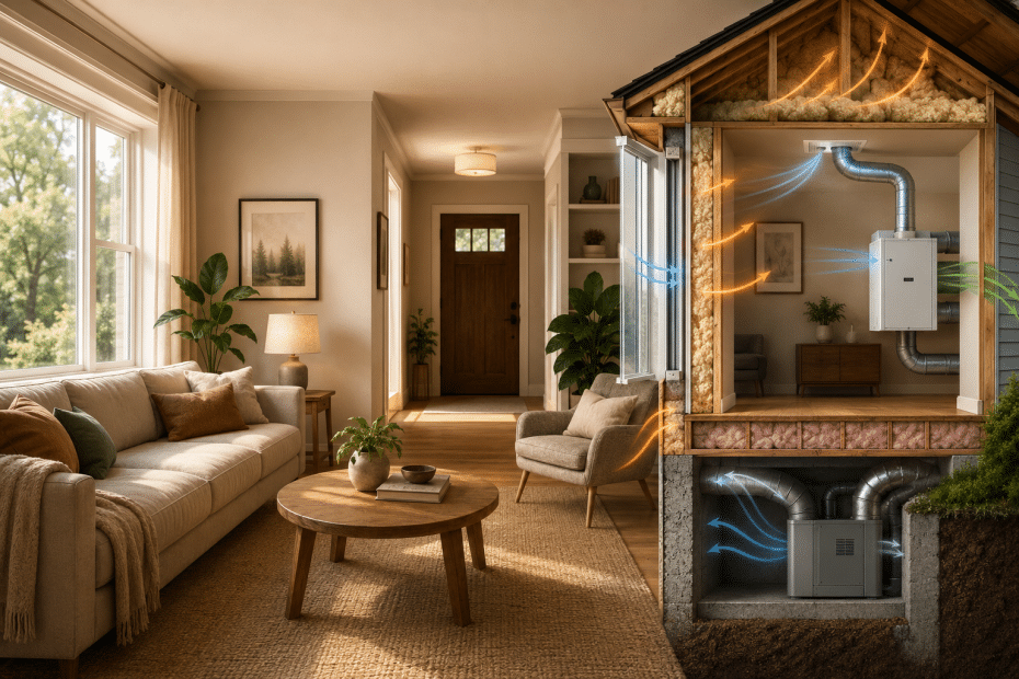 Cutaway view of a cozy living room showing a home HVAC system with orange arrows for warm air and blue arrows for cool air circulating through ducts and vents in a basement/mechanical room.