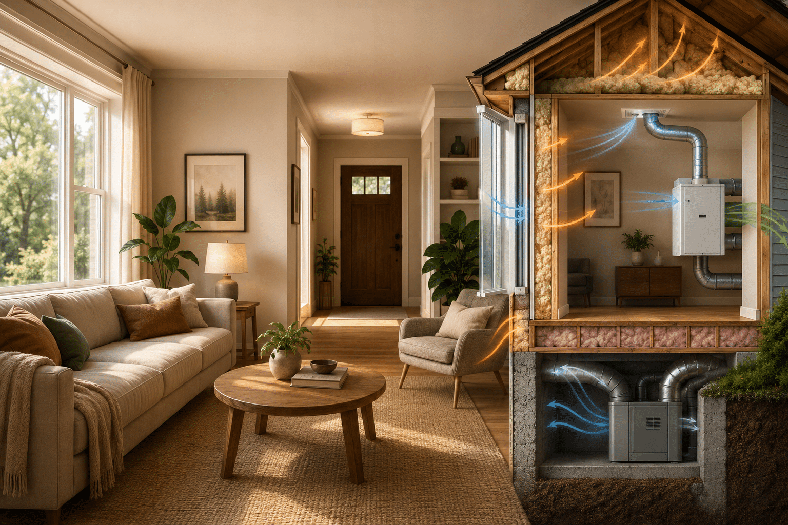 Cutaway view of a cozy living room showing a home HVAC system with orange arrows for warm air and blue arrows for cool air circulating through ducts and vents in a basement/mechanical room.