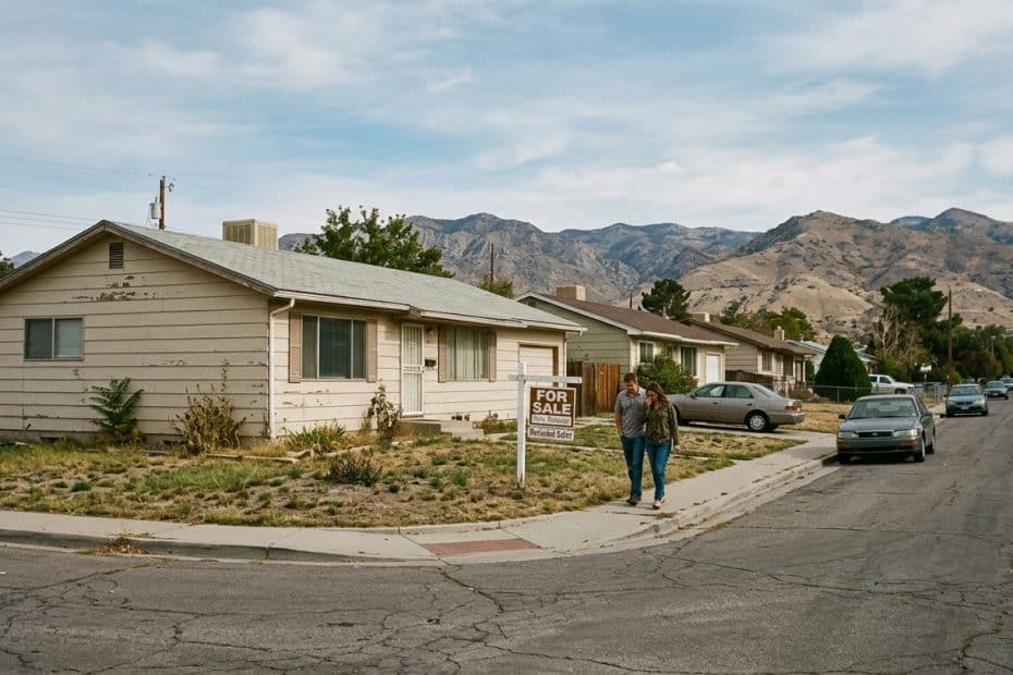 Two people walk along a sidewalk in front of a beige ranch-style house with a 'For Sale' sign; a quiet street with parked cars and distant mountains.