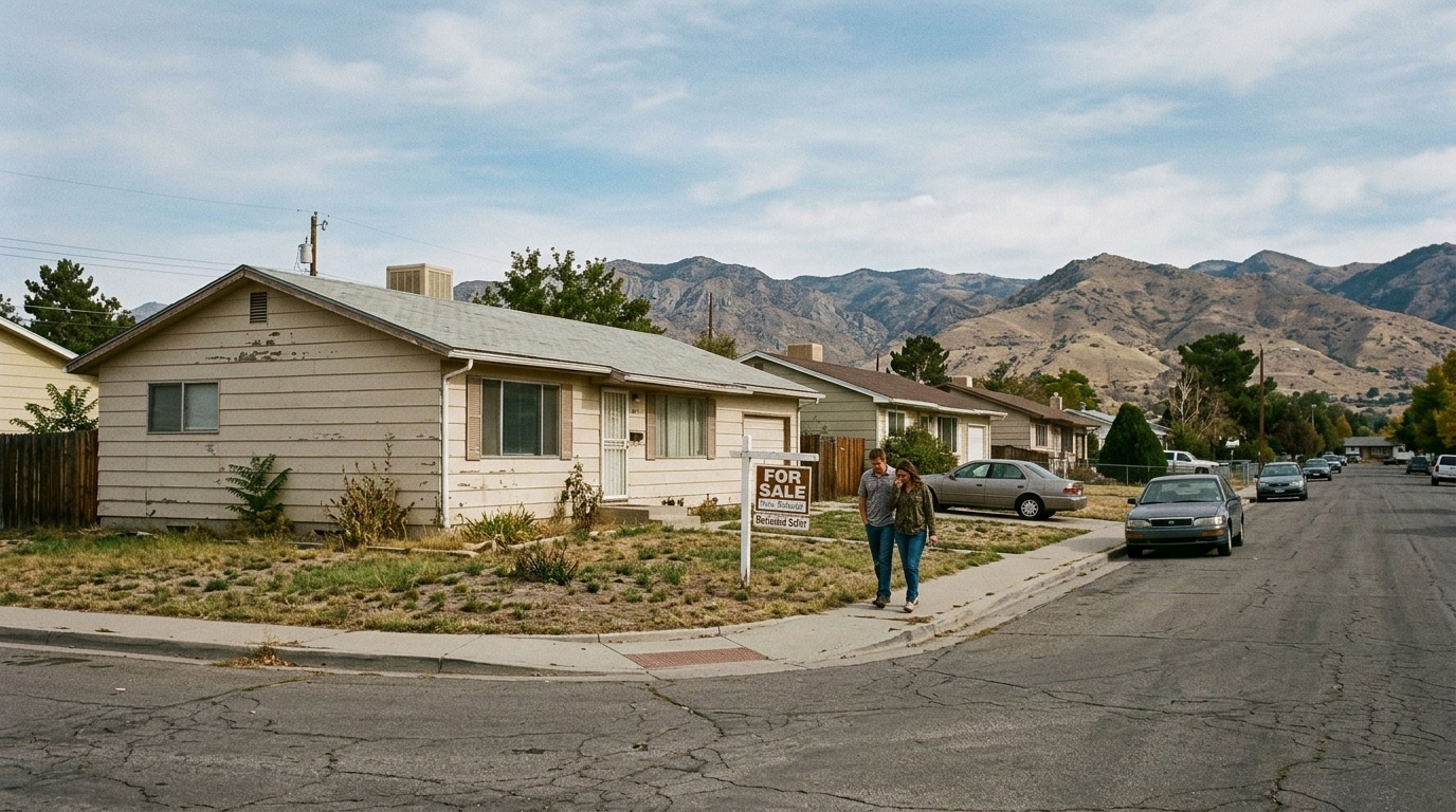 Two people walk along a sidewalk in front of a beige ranch-style house with a 'For Sale' sign; a quiet street with parked cars and distant mountains.