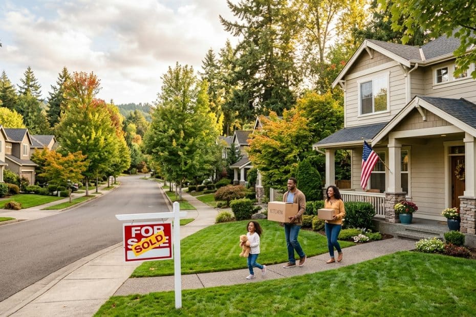 Family carrying moving boxes toward a beige two-story house with an American flag on the porch; 'For Sale' sign in the yard shows 'Sold' sticker nearby.